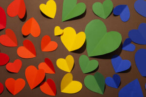 green, blue, gold, orange hearts